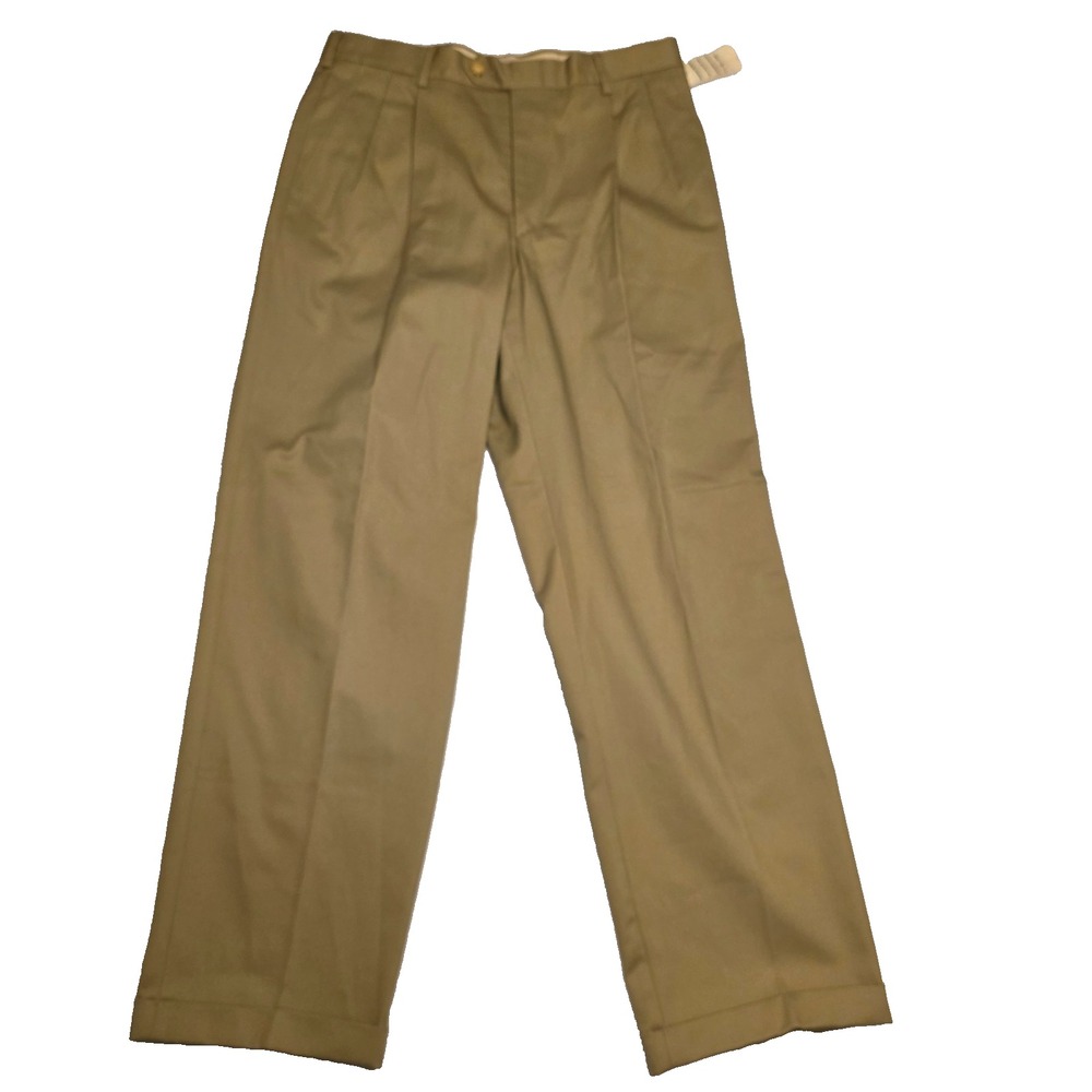 Berle Performance Twill Pleated Khaki Dress Pants Mens 33x30 Cuffed Tan